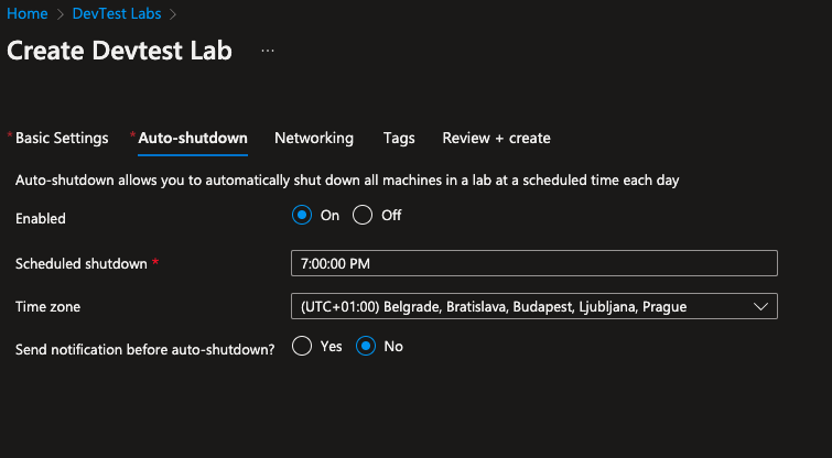 DevTest Labs shutdown policies